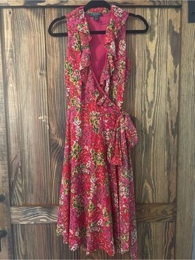 Lauren Ralph Lauren Floral Wrap Dress Size Small Pink Ruffle Sleeveless